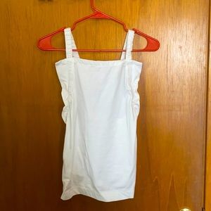 White ruffle tank top with crossed back straps